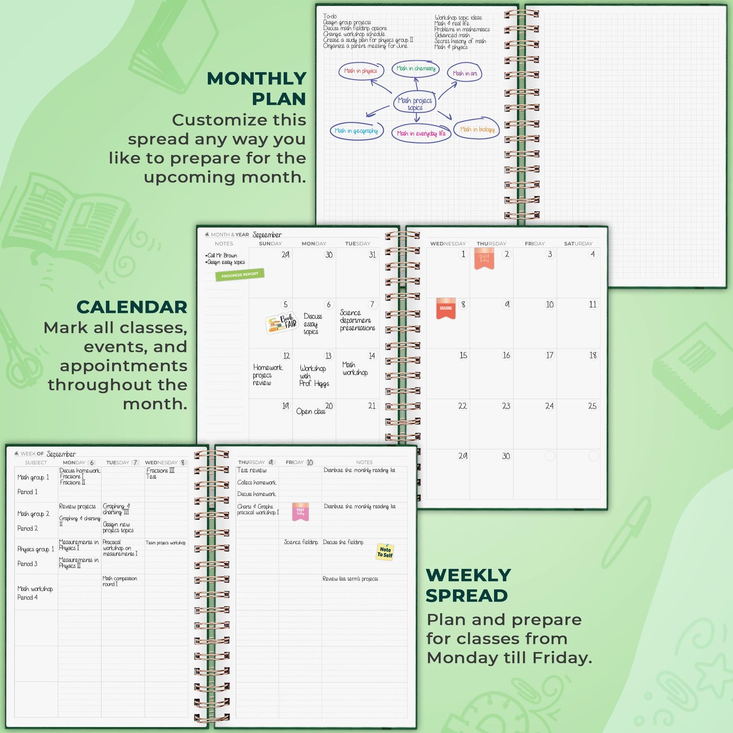 Clever Fox Teacher Planner Spiral – School Year Planner with Calendars & Lesson Plans – Teacher Plan Book for Classroom & Homeschool Organization - Undated, 7.9x10″ (Dark Green)