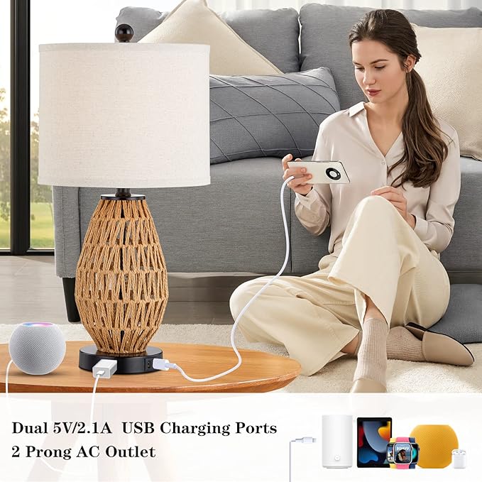 Touch Control Rattan Table Lamps, 3 Way Dimmable Bedside Lamps for Bedroom Set of 2 with 2 USB Ports and AC Outlet, Wicker Nightstand Lamps for Living Room (LED Bulbs Included)