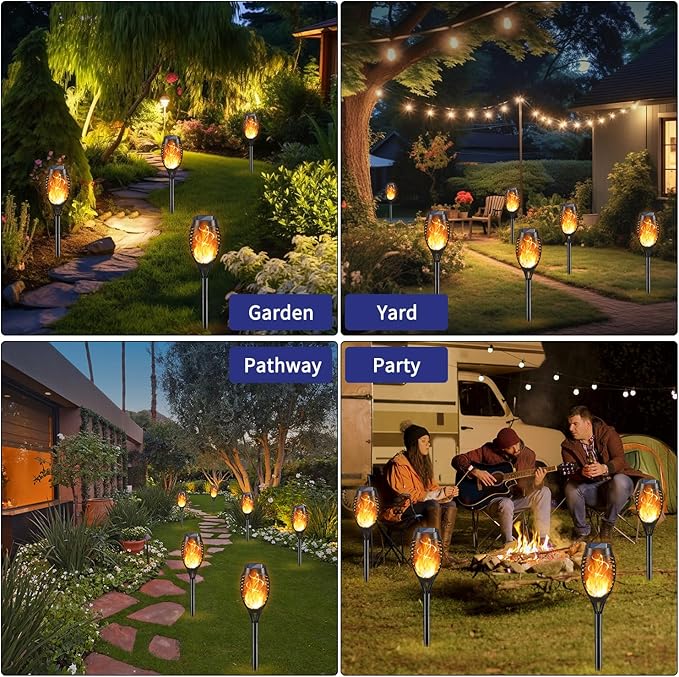 KYEKIO Solar Torch Light with Flickering Flame, 12Pack Solar Lights Outdoor, Waterproof Halloween Lights for Yard Garden, Luces Solares para Exteriores, Torches Lighting for Outside Patio Decorations