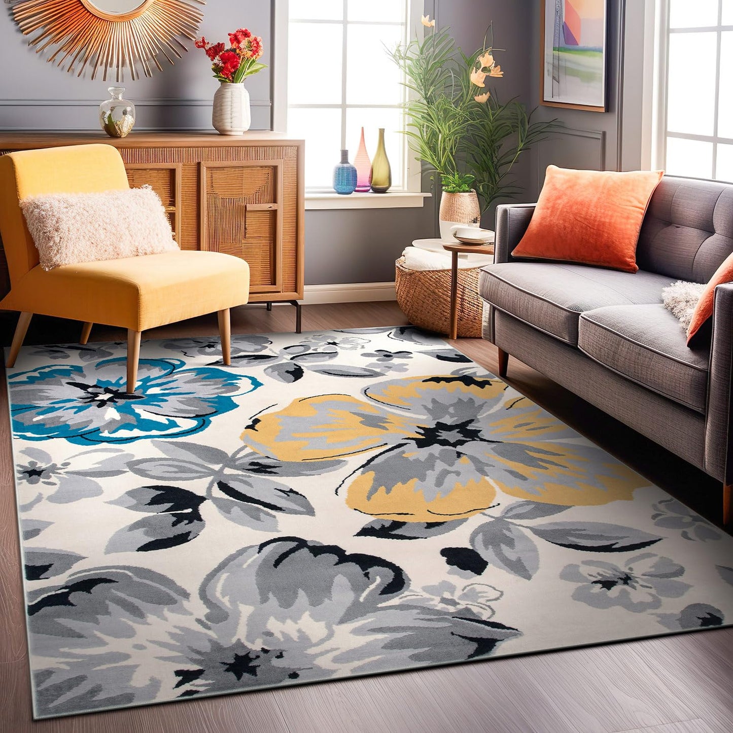 Rugshop Modern Floral Design for Living Room,Bedroom,Home Office,Kitchen Non Shedding Area Rug 5' X 7' Cream