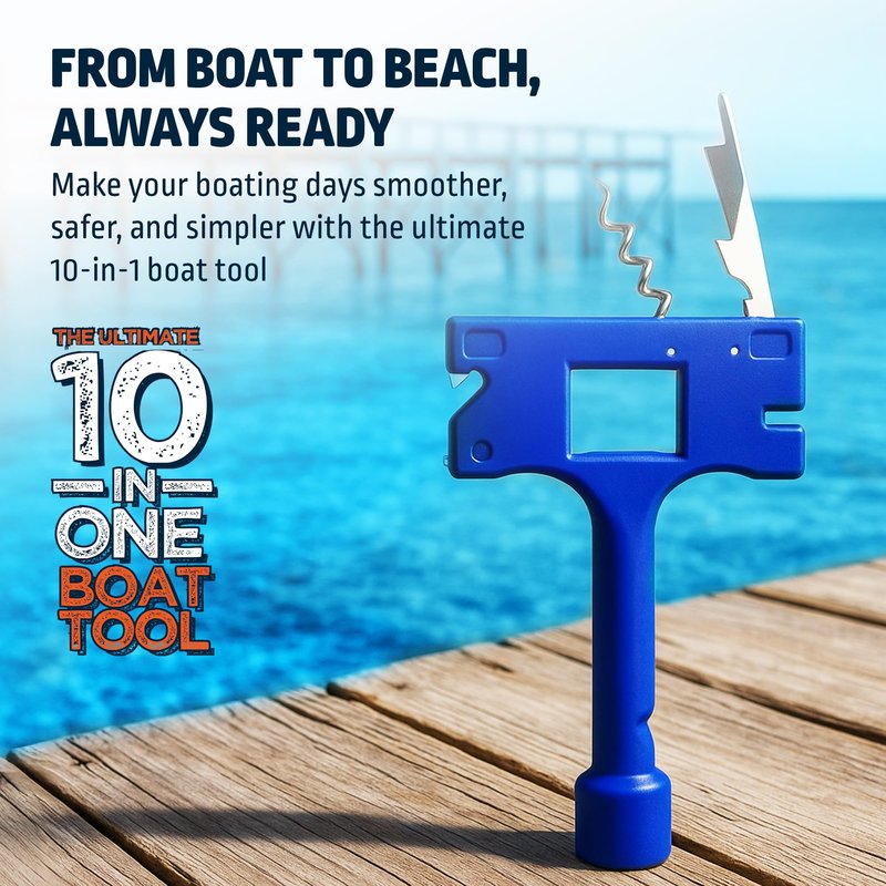 Boat Gadget 10-in-1 Boat Tool, Blue - Must-Have Boat Accessory with Gas Cap Key, Fishing Line Cutter, Bottle Opener, Whistle & More - Smart Addition to Any Boat Tool Kit for Fishing, Boating & Fun