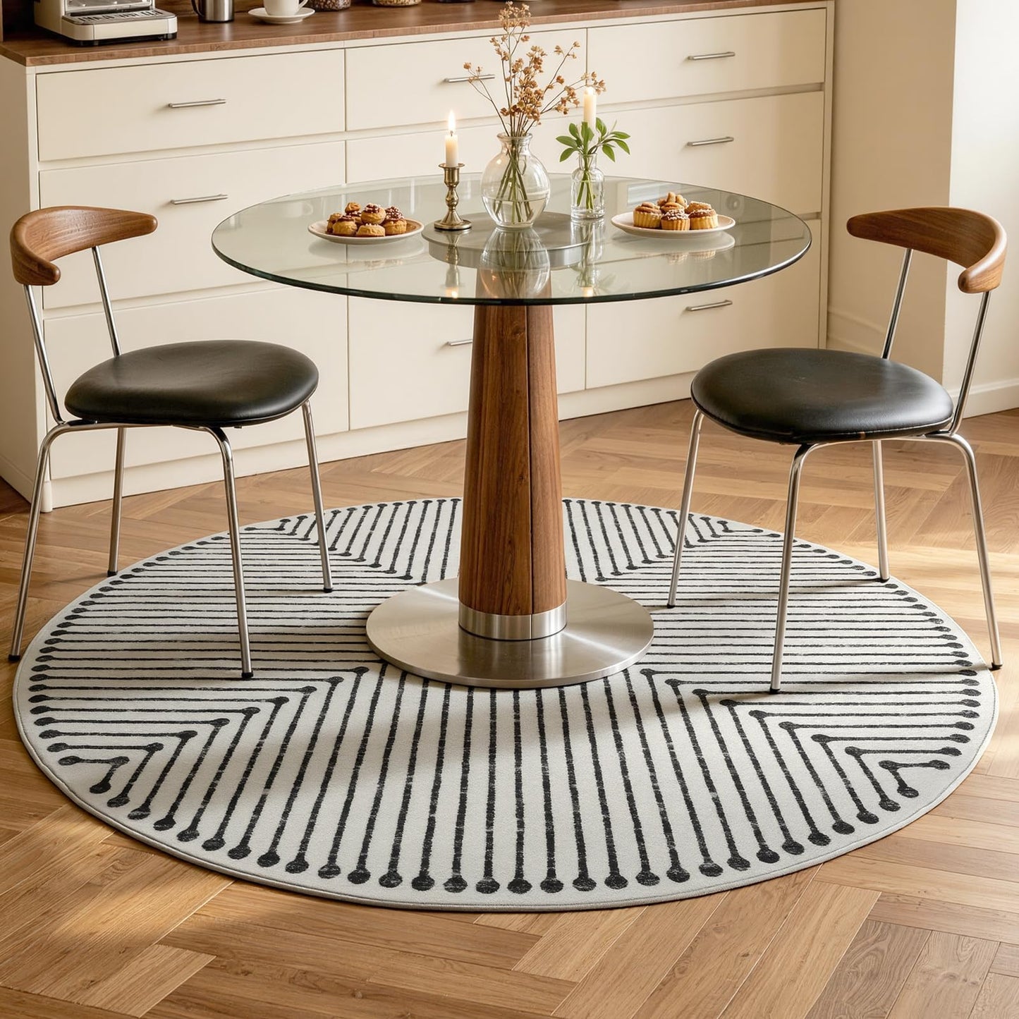 YIHOUSE Washable 4ft Round Rug for Entryway Non Slip, Black and White 4x4 Area Rugs for Living Room Non Skid Non-Shedding, Striped Modern Circle Carpet for Bedrom Kitchen