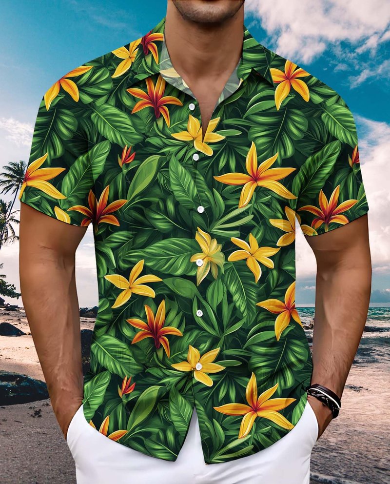 Mens Hawaiian Button Up Shirt Beach Vacation Cruise Tee Summer Tropical Palm Leaf Shirts Casual Unique Pattern Comfy Tops