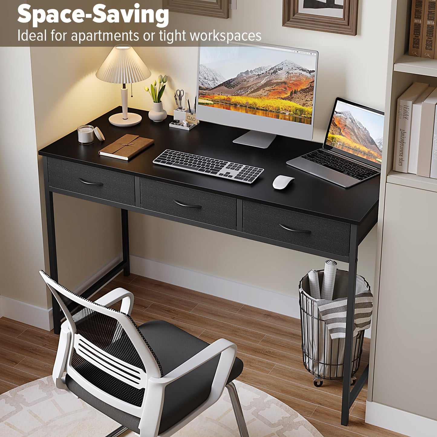 WOHOMO Computer Desk with 3 Drawers, 47.2 Inch Small Vanity Desk with Storage, Home Office Bedroom Desk for Small Spaces, Modern Work Writing Study Gaming Tables, Black