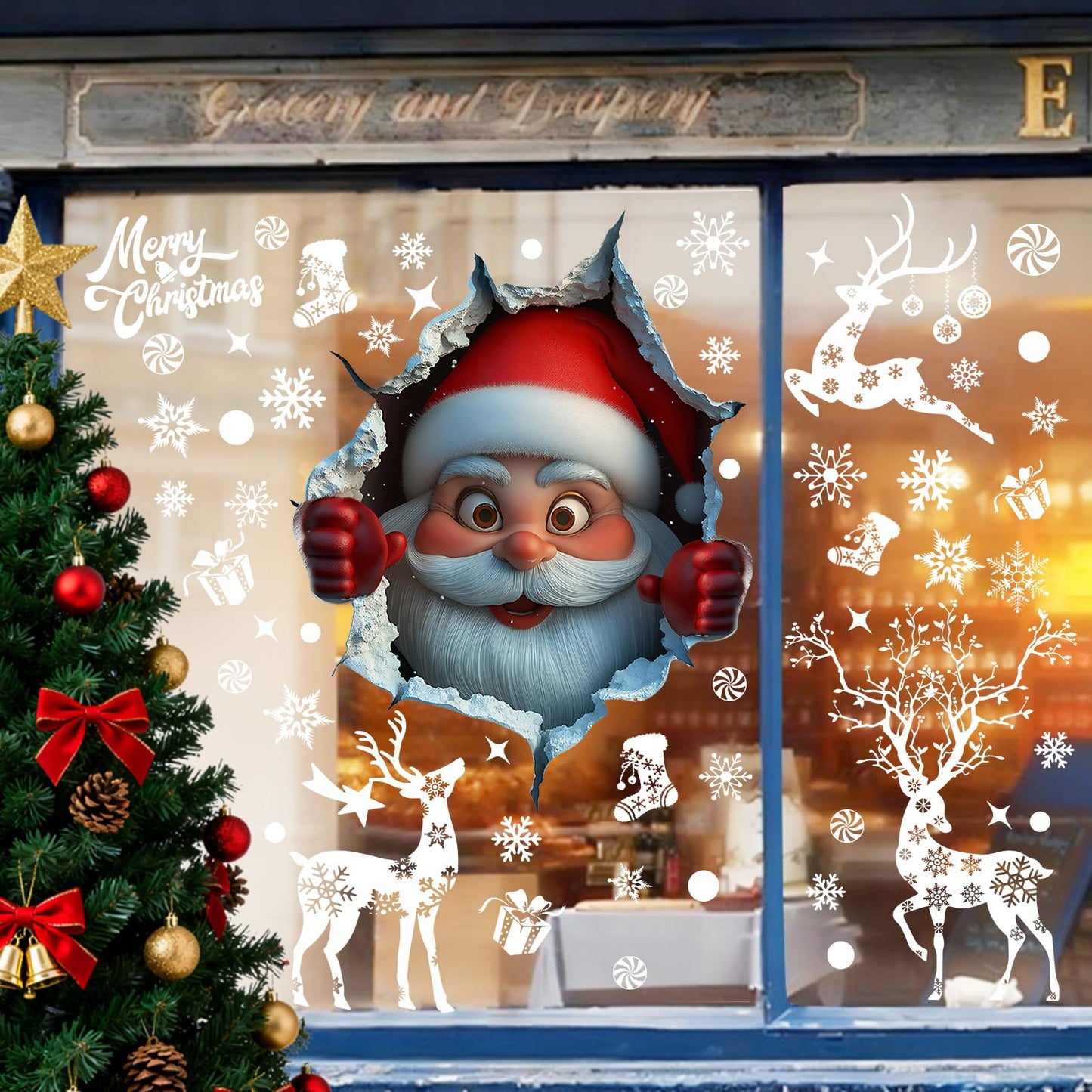 178Pcs Large Christmas Window Clings for Glass, Xmas Snowflake Cling Winter Stickers Reusable Double-Sided Outdoor Window Christmas Decoration for Santa Claus Reindeer Peppermint Decals Holiday Decor