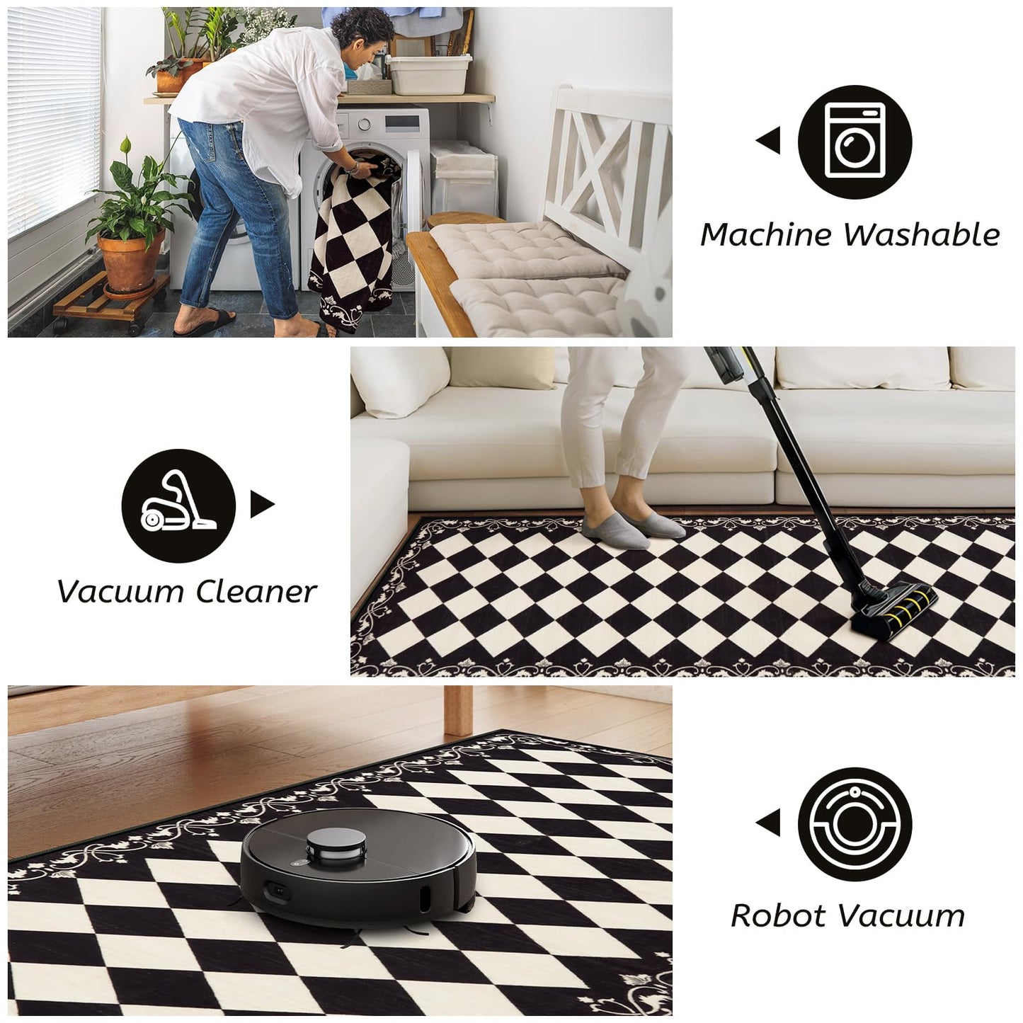 Zealude Moroccan Trellis Black and White Runner Rug 2.5x8 Washable Carpet Runners for Hallway 8ft, Soft Low Pile Checkered Bathroom Rug Gingham Print Kitchen Mordern Plaid Carpet for Bedsides Laundry
