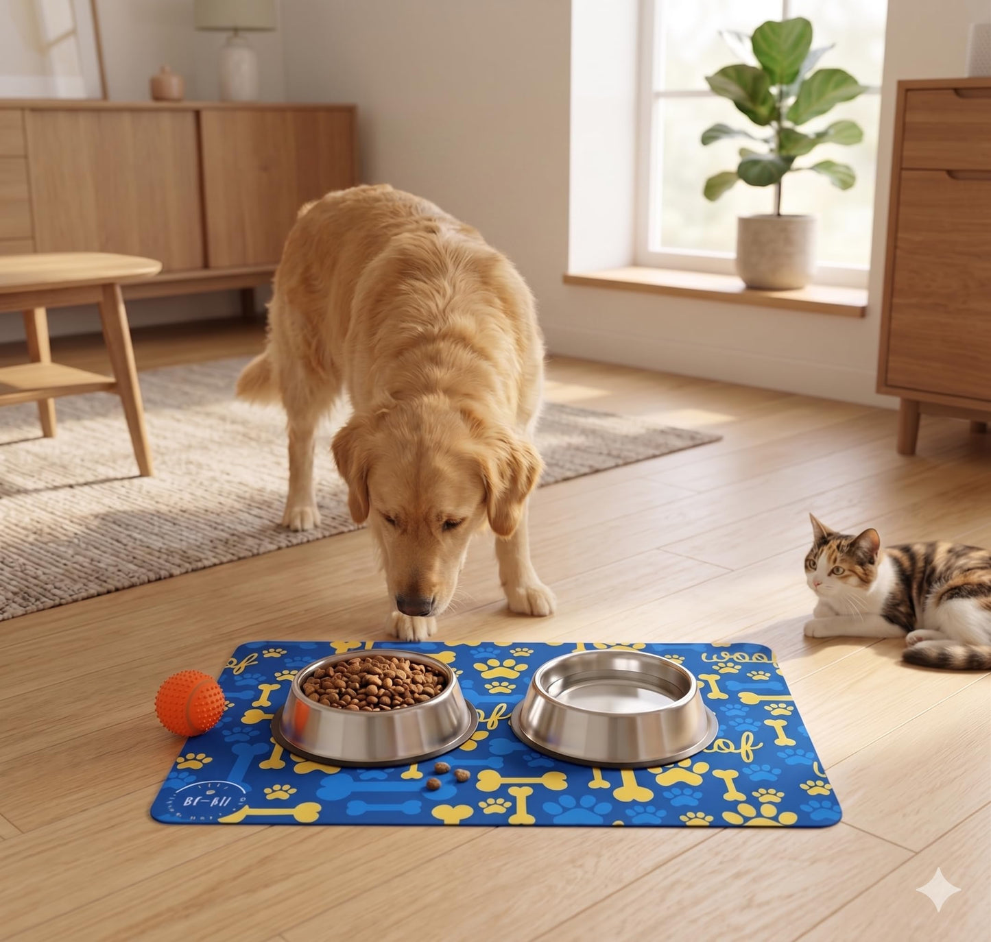 BE-KH Absorbent Pet Feeding Mat for Dogs & Cats, Quick Dry Dog Bowl Mat for Food and Water, Ultra-Thin, Non-Slip Rubber & Polyester, Waterproof & Machine Washable, Classic Paws, 24x16 in (60x40 cm)