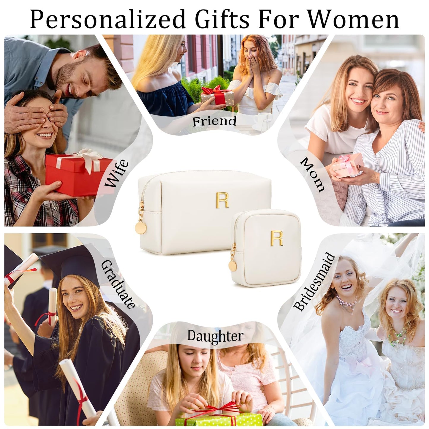 CLOUDWINGS Personalized Birthday Gifts for Women - Initial Makeup Bag Set Travel Toiletry Bag Cosmetic Bags Soft Waterproof PU Leather Makeup Pouch Travel Essentials (R, 2pcs Beige)