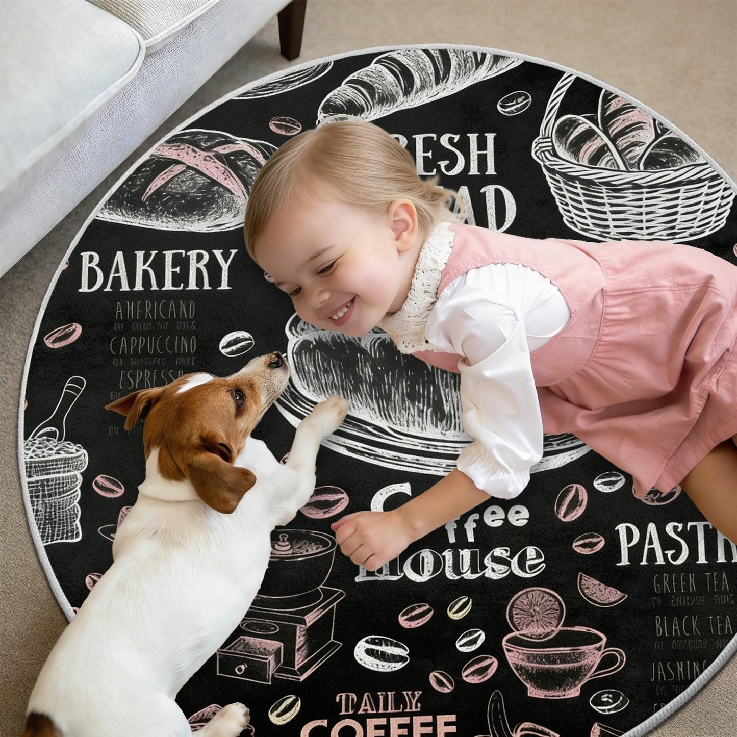Egljss 5ft Round Rug Non Slip, Coffee Bean Bread Round Carpet for Living Room, Black and White Circle Area Rugs for Bedroom, Coffee Cup Circle Rug Washable for Dining Table Kitchen