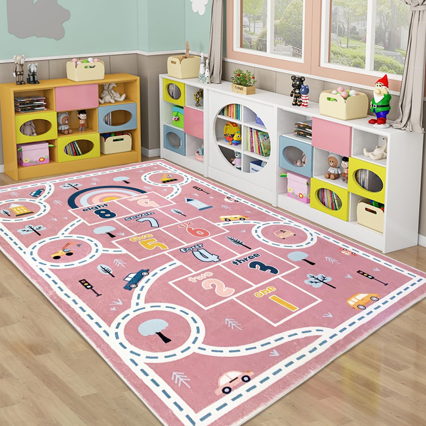 Abeigoi Kids Play Mat Hopscotch Car Area Rug 5x8Ft Extra Large for Girls Bedroom Soft Classroom Educational Learning Children Preschool Car Road Boys Gift, Pink