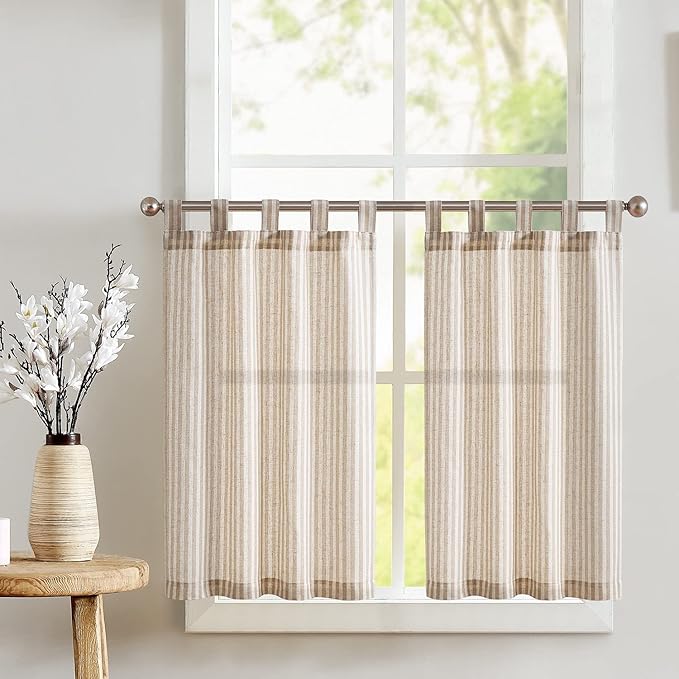 jinchan Tab Top Linen Kitchen Curtains 24 Inches Striped Tier Curtains Farmhouse Modern Cafe Style Small Window Treatments Airy Light Filtering Rod Pocket for Living Room Bathroom 2 Panels Tan