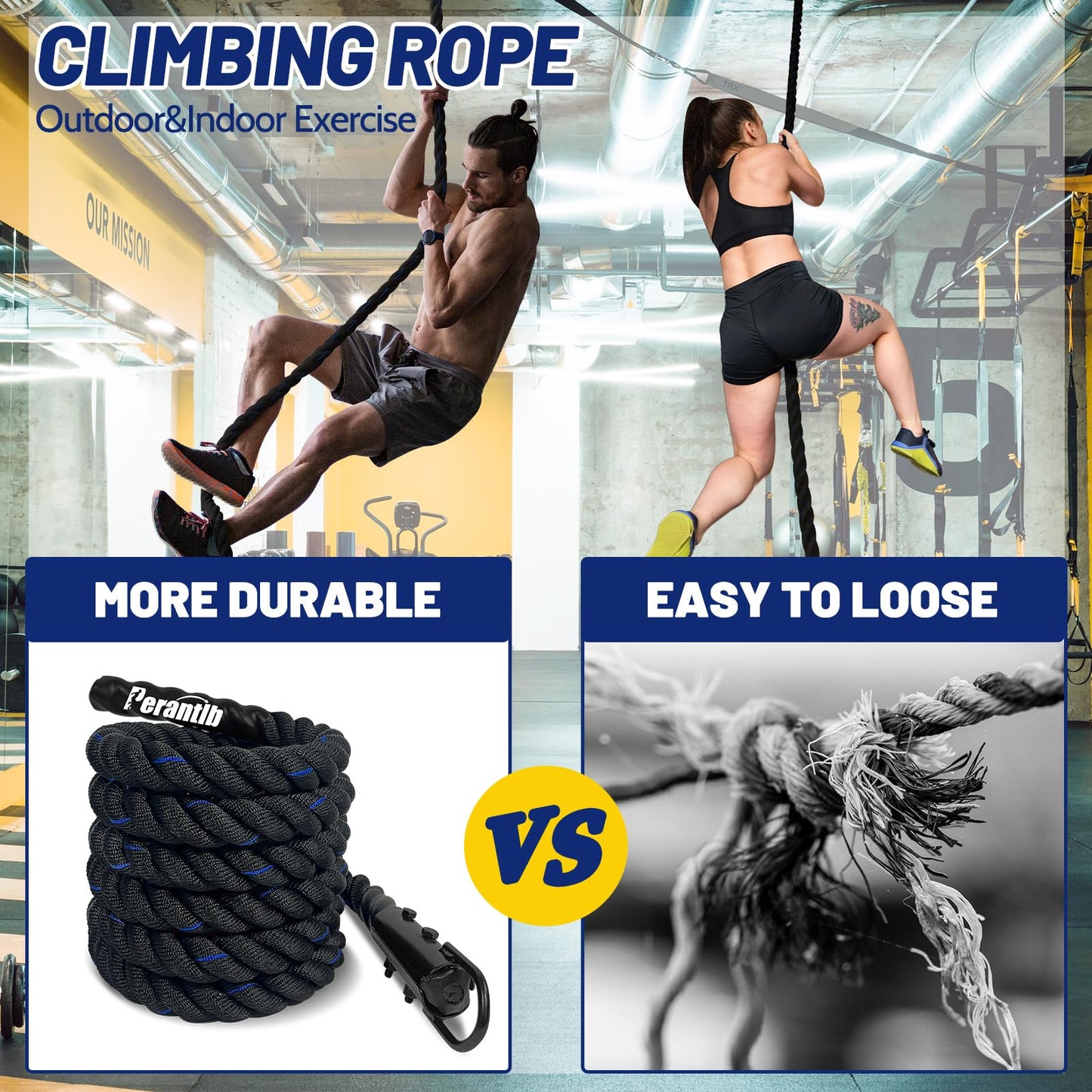 100% Polyester Climbing Rope with Hooks - Heavy Duty 1000LBS Load Capacity, 1.5inch Diameter, 10,15,20,25,30,50ft Length for Outdoor Rock Climbing, Rescue & Escape (10ft)