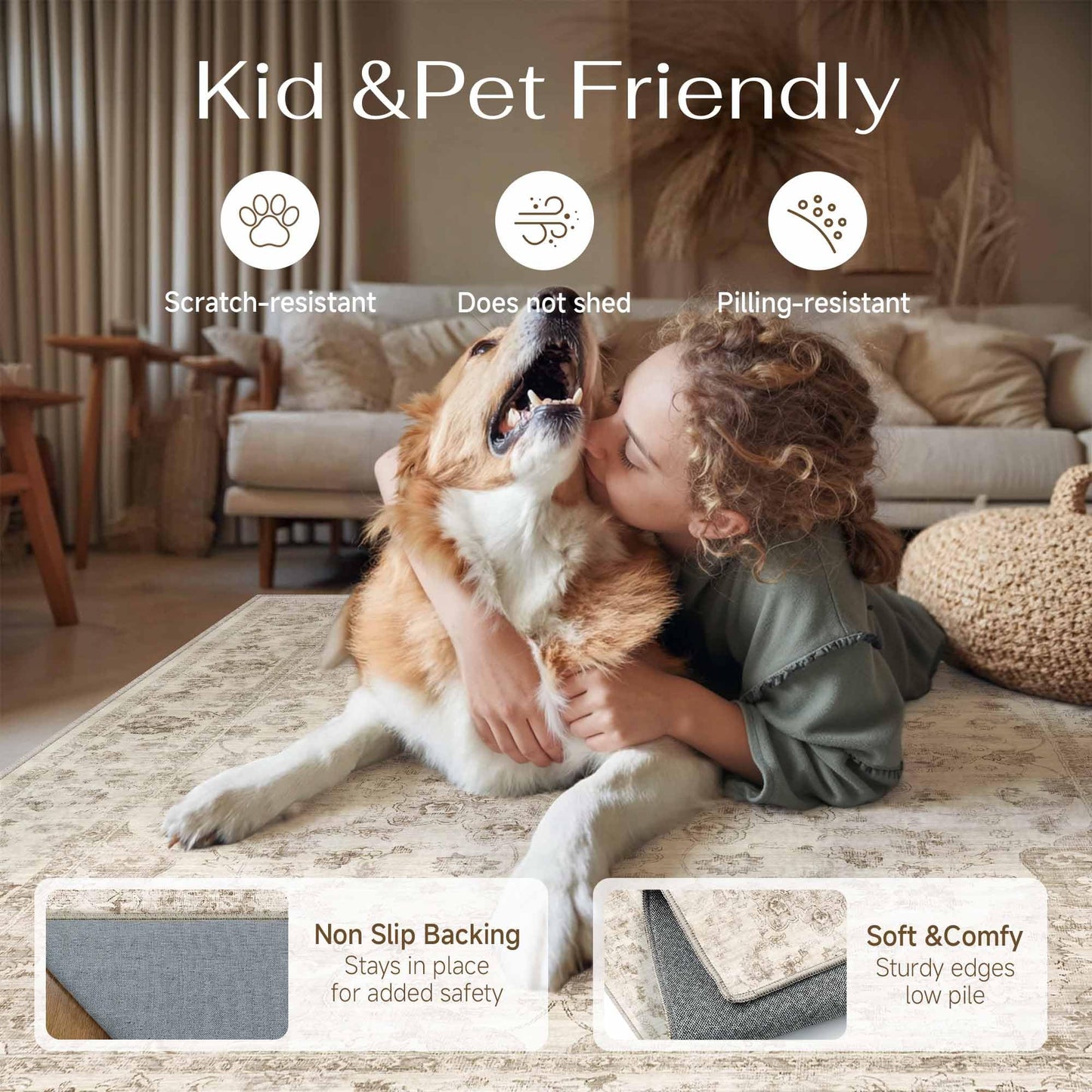 WondRg 2x3 Washable Neutral Area Rug Beige Vintage Entryway Kitchen Carpet Non-Slip Soft Low Pile Farmhouse Indoor Small Throw Rug for Bedroom Bathroom Entrance
