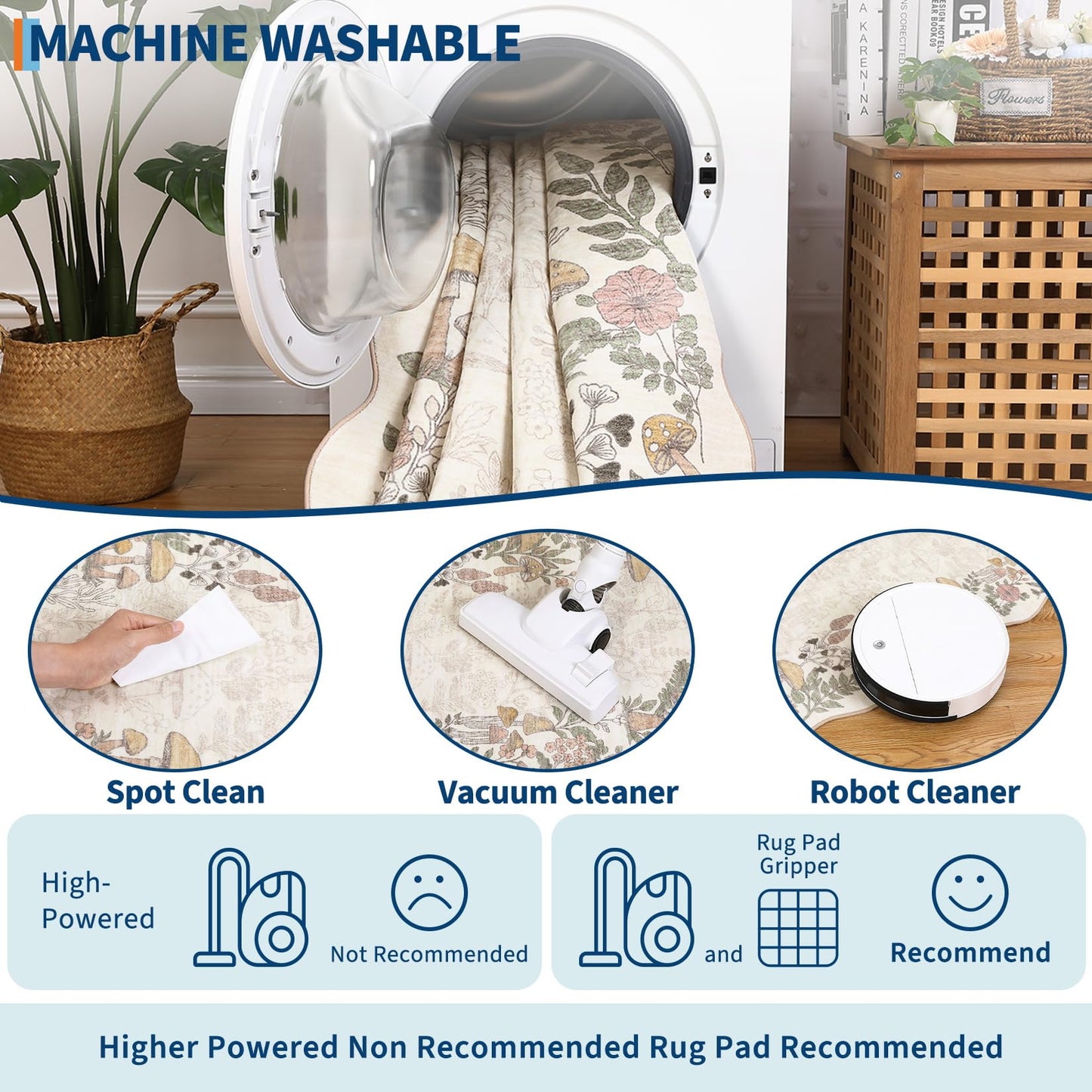Garvee Scalloped Washable Rug 5x7 Area Rugs for Living Room, Botanical Mushroom Rug for Bedroom, Low Pile Non Slip Throw Rugs Indoor Modern Carpet for Nursery Playroom Dining Room, Beige