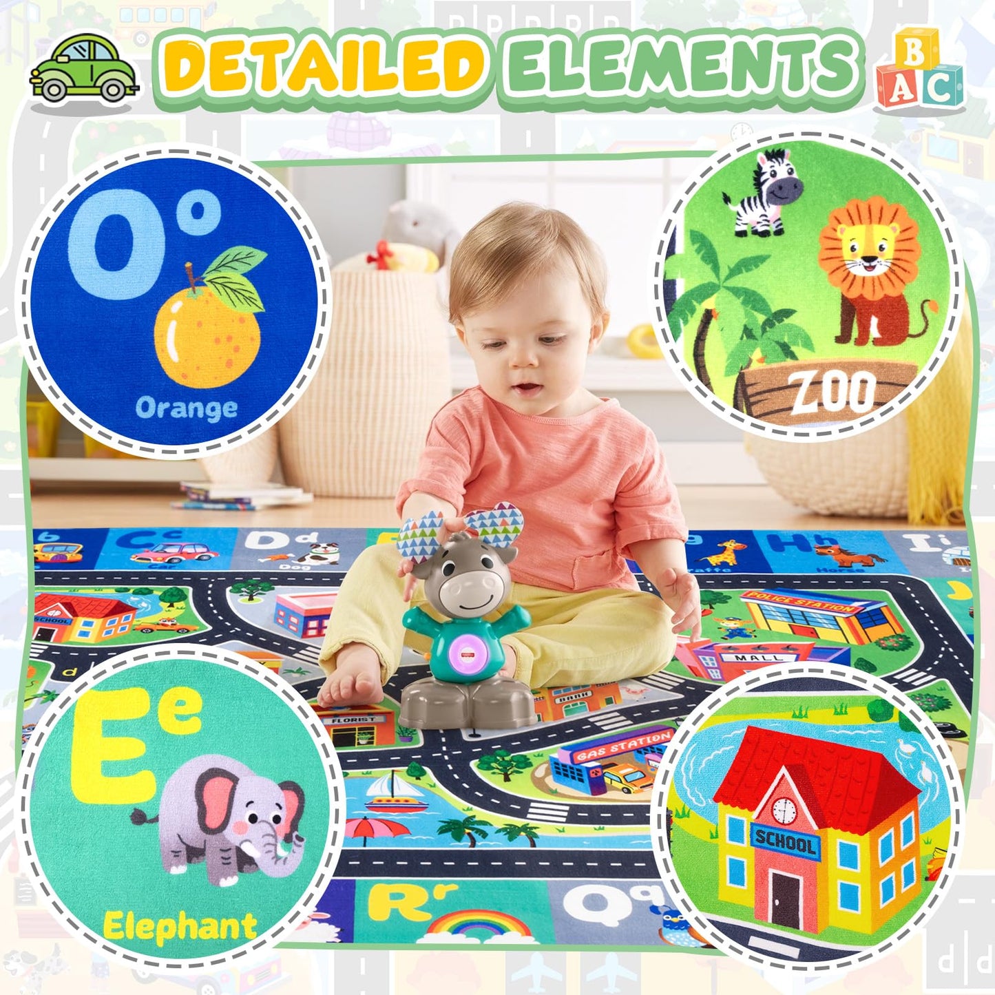 Rogara Car Rug Playmat, City Road Map Kids Rug, Educational Learning Play Mat, Soft Non-Slip Machine Washable ABC Alphabet Carpet for Bedroom Nursery Preschool Classroom