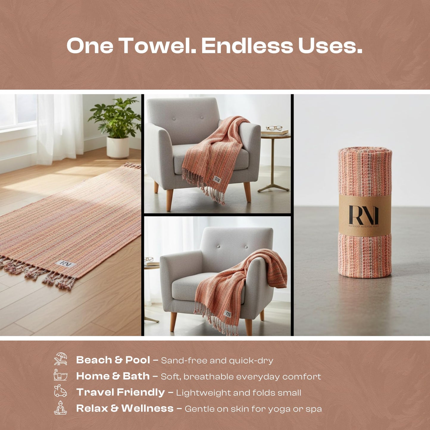 Refinery No. 1 Turkish Beach Towel, Oversized Quick Dry Lightweight, Sand Free, Pool and Swim Towel (Orange)