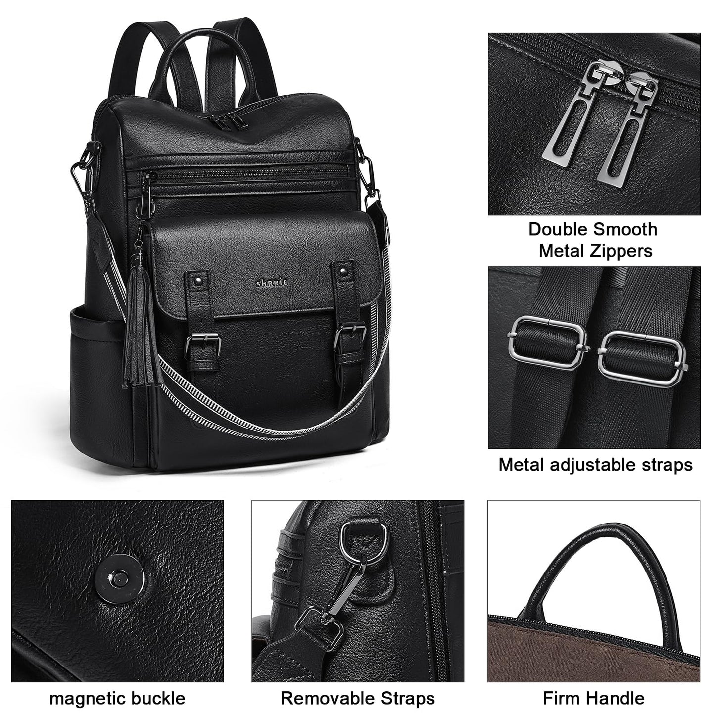 Shrrie Womens Vegan Leather Backpack Purse for Work College Black Fashion Small Backpack Design Water-Resistant Purse
