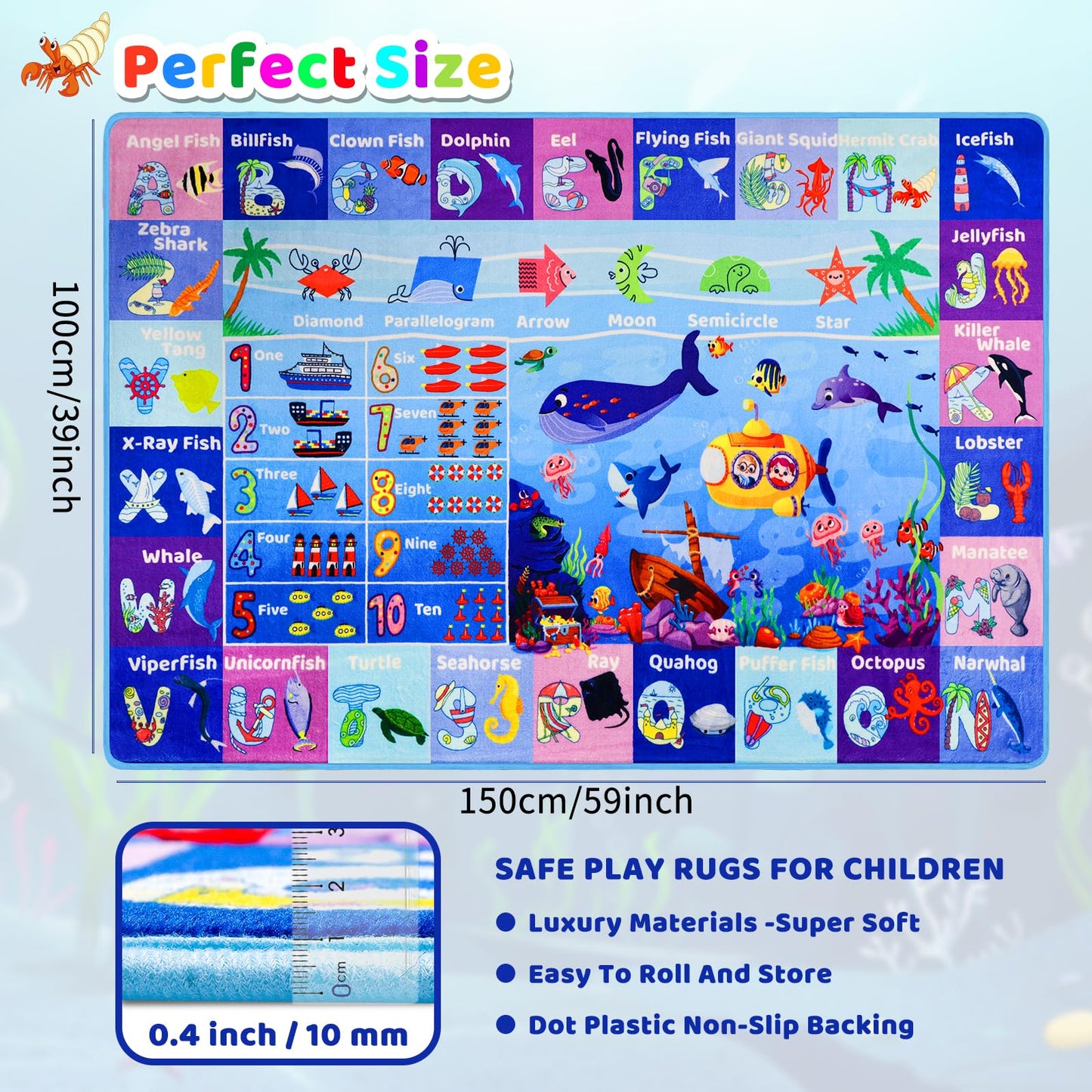 DINSUMRUG 3'3"×5' Interactive Ocean World Learning Rug with ABC, Sea Animals, Numbers & Shapes for & Preschoolers, Washable Non-Slip Carpet for Playroom, Nursery & Homeschool