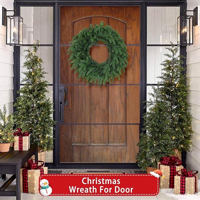 Christmas Wreaths Outdoor Realistic 24 Inch Large Artificial Winter Greenery Pine Cedar Wreaths for Windows Xmas Holiday Home Table Mantle Yard Staircase Wall Door Porch Hanging Decor Outdoor Indoor