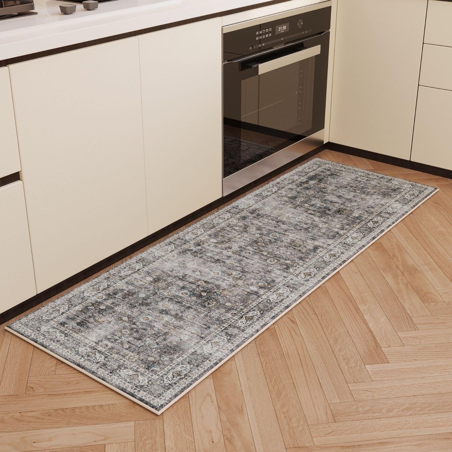 Runner Rug Hallway Runner Rug Washable Kitchen Runner Rugs with Rubber Backing 2'6''x8' 100% Polyester Vintage Rug for Entryway Indoor, Kitchen, Laundry, Bedroom (Grey and Brown)