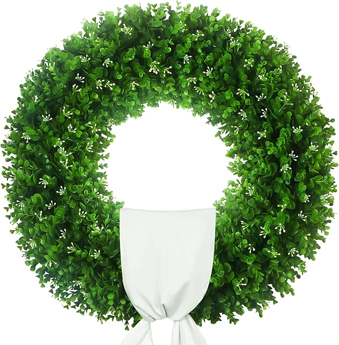 Large Artificial Boxwood Wreath 30-32'', UV Resistant 310 Leaves & 140 Flower Core, Green Wreath Ribbon for Front Door Outdoor Indoor Window Wall Hanging Decoration All Seasons(Foldable)