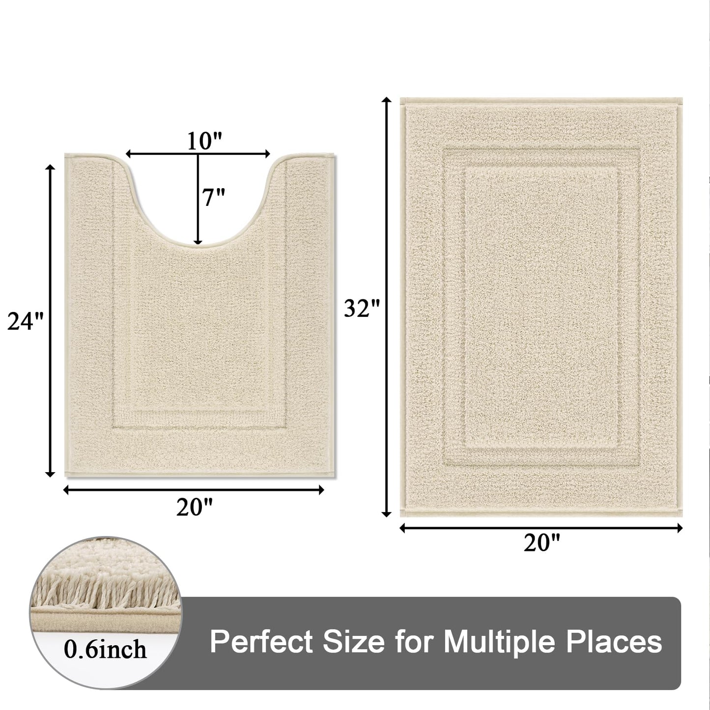 SHACOS Soft Absorbent Bathroom Rugs Set of 2 Pieces with U Shaped Toilet Rug Contour Bath Mats Bath Rugs 20"x24"+20"x32" Non Slip Washable, Light Beige
