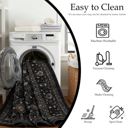 Ruaruarug Washable Area Rug 10x14 for Living Room, Bedroom, Ultra Soft Non Slip Stain & Fade Resistant, Pet & Kids Friendly, Suitable for High Traffic Areas Easy to Clean for Kitchen, Black Grey