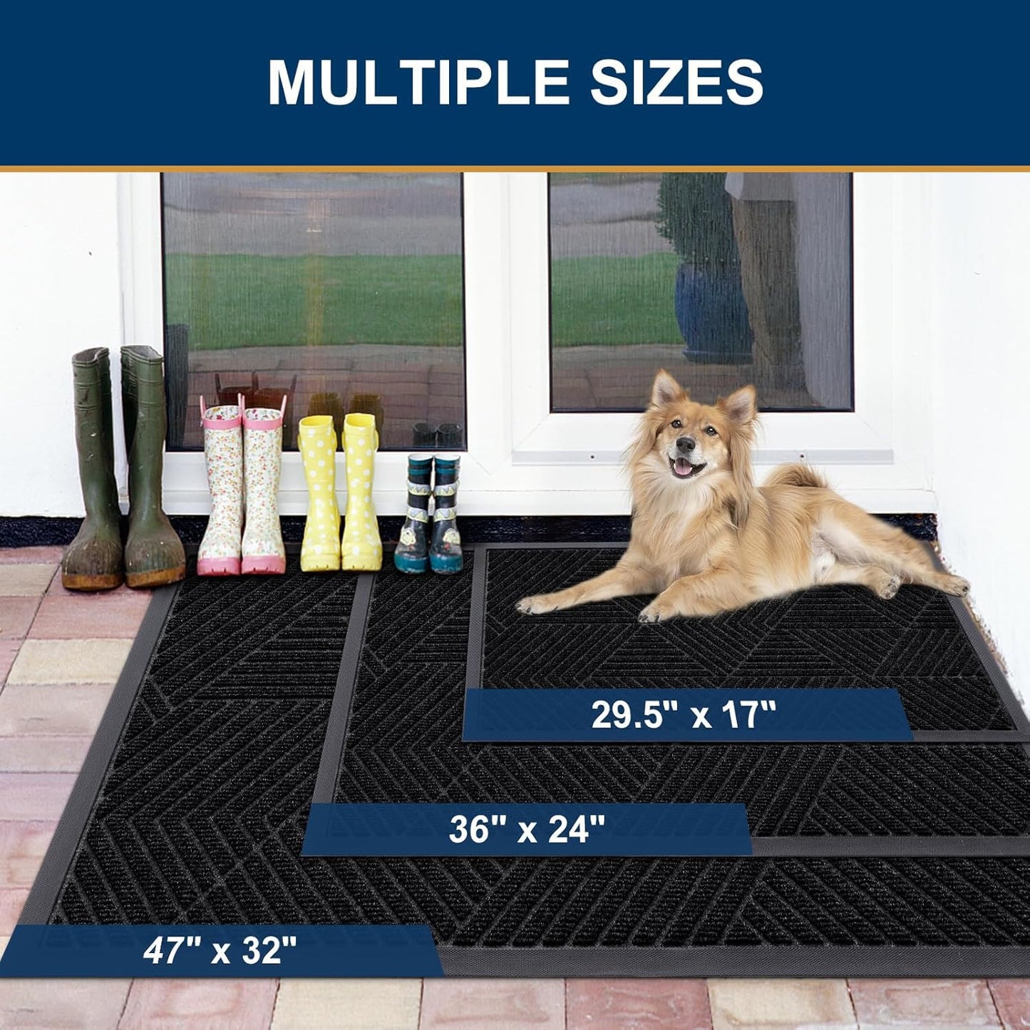 Smiry Front Door Mat Outside Entrance, Heavy Duty Sturdy Natural Rubber Doormat, Trap Dirt and Moisture, Easy Clean Low Profile Welcome Floor Mats for Indoor Outdoor Entry, 35x23 Inch, Black