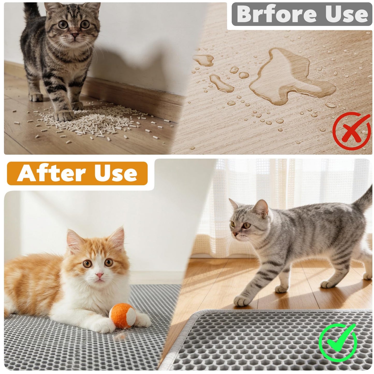 Kozvva Cat Litter Mat, Honeycomb Double Layer Waterproof & Urine Resistant Non-Slip Litter Trapping, Easy Clean Washable Scatter Control for Litter Box (Gray, 24x15 Inch)