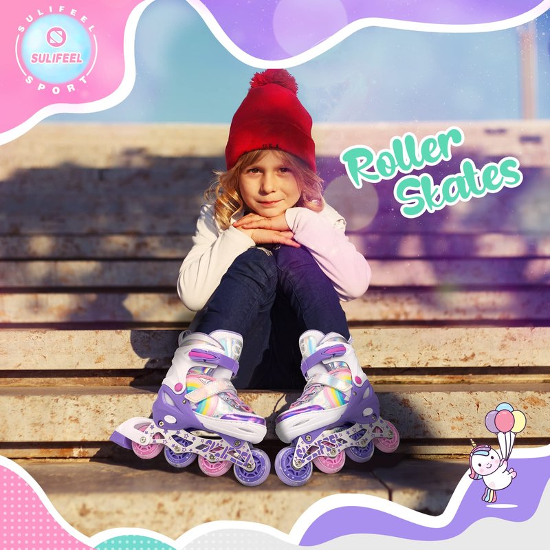 SULIFEEL Rainbow Unicorn Adjustable Inline Skates for Girls Boys and Kids with All Illuminating PU Wheels for Outdoor and Indoor Beginner Skates Purple Medium