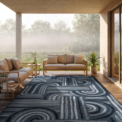 CAMILSON Indoor Outdoor Rug, Navy Blue 8x10 Geometric Arch Striped Area Rugs for Patio and Home Areas, Easy-Cleaning Non-Shedding Living Room, Garden and Deck Washable Outside Carpet (8 x 10)