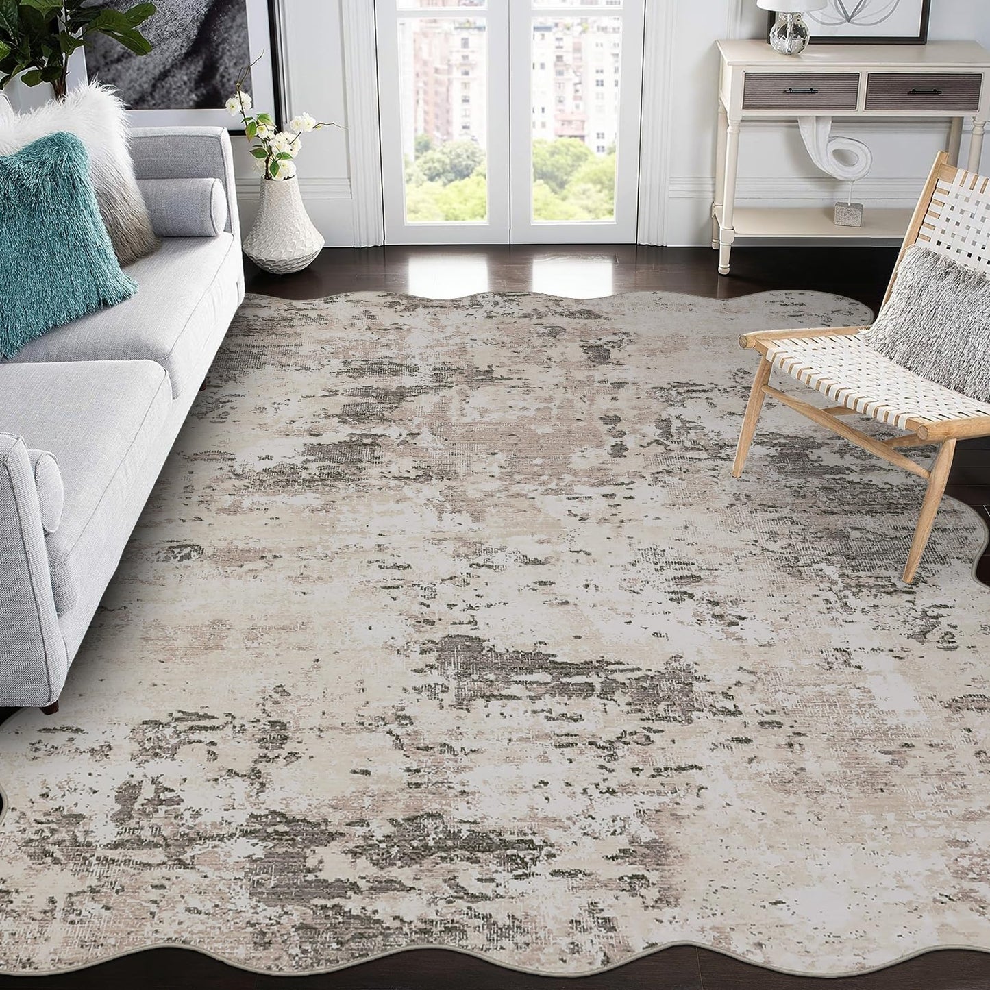 ROYHOME Modern Scalloped Abstract Area Rug 10x13 Non Slip Non Shedding Rug Low Pile Stain Resistant for Bedroom Living Room,Brown Grey