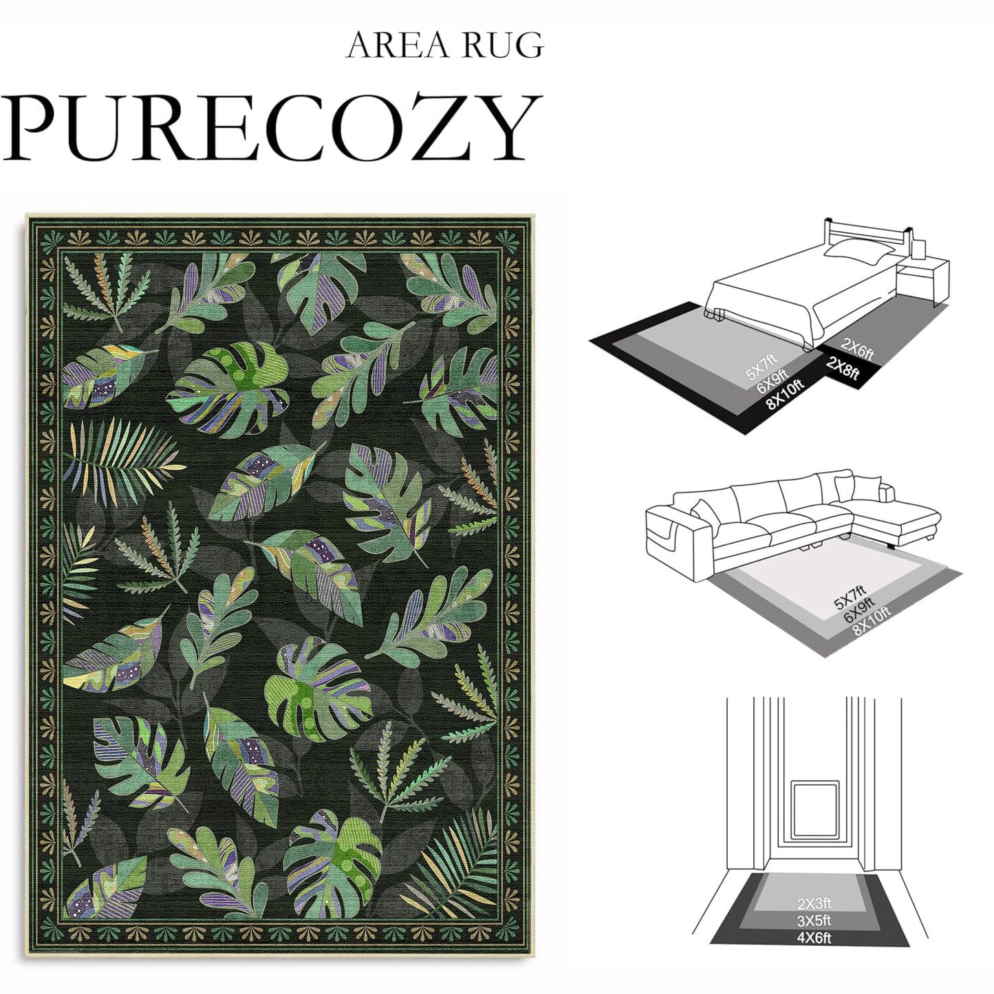Large Area Rug 5x7 Monstera Rug Living Room Sage Green Leaf Rugs Machine Washable Tropical Botanical Rug Non Slip Printed Low Pile Indoor Floor Carpet for Dining Room Bedroom Office,Green