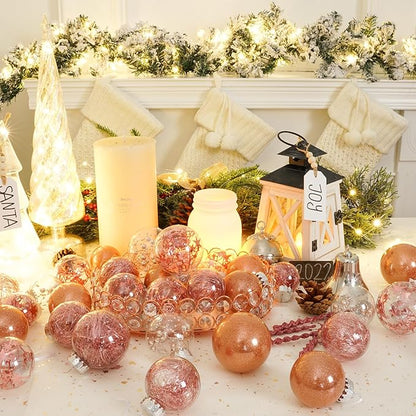 XmasExp 32ct Christmas Ball Ornaments Set -Rose Gold Clear Plastic Shatterproof Xmas Tree Ball Decorations Hanging Baubles for Holiday Decor