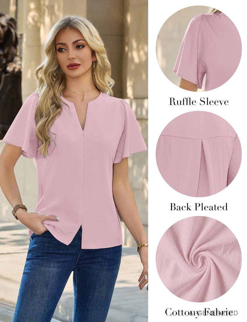 Blooming Jelly Womens Dressy Casual Blouses Business Work Summer Tops Zip Ruffle Short Sleeve Cotton Shirts Trendy Spring Outfits (Pink,Medium)