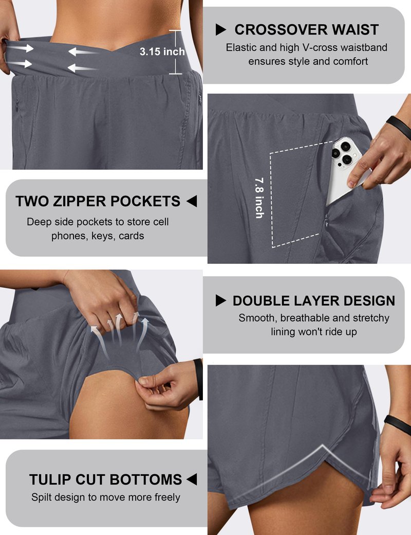 Blooming Jelly Women's Workout Shorts Athletic Running Cross V Cut Waist Work Out Preppy Shorts with Zipper Pockets (Medium Grey,X-Large)