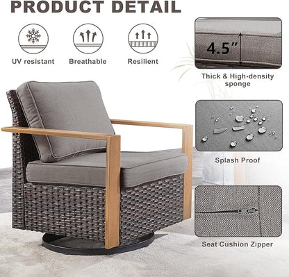 Rilyson Outdoor Wicker Patio Furniture Set - 7 Piece Patio Conversation Set with 4 Wicker Swivel Rocker Chairs,2 Rattan Ottoman and 1 Couch,Thick Cushions,Deep Seating,Wide Armrest(Brown/Grey)
