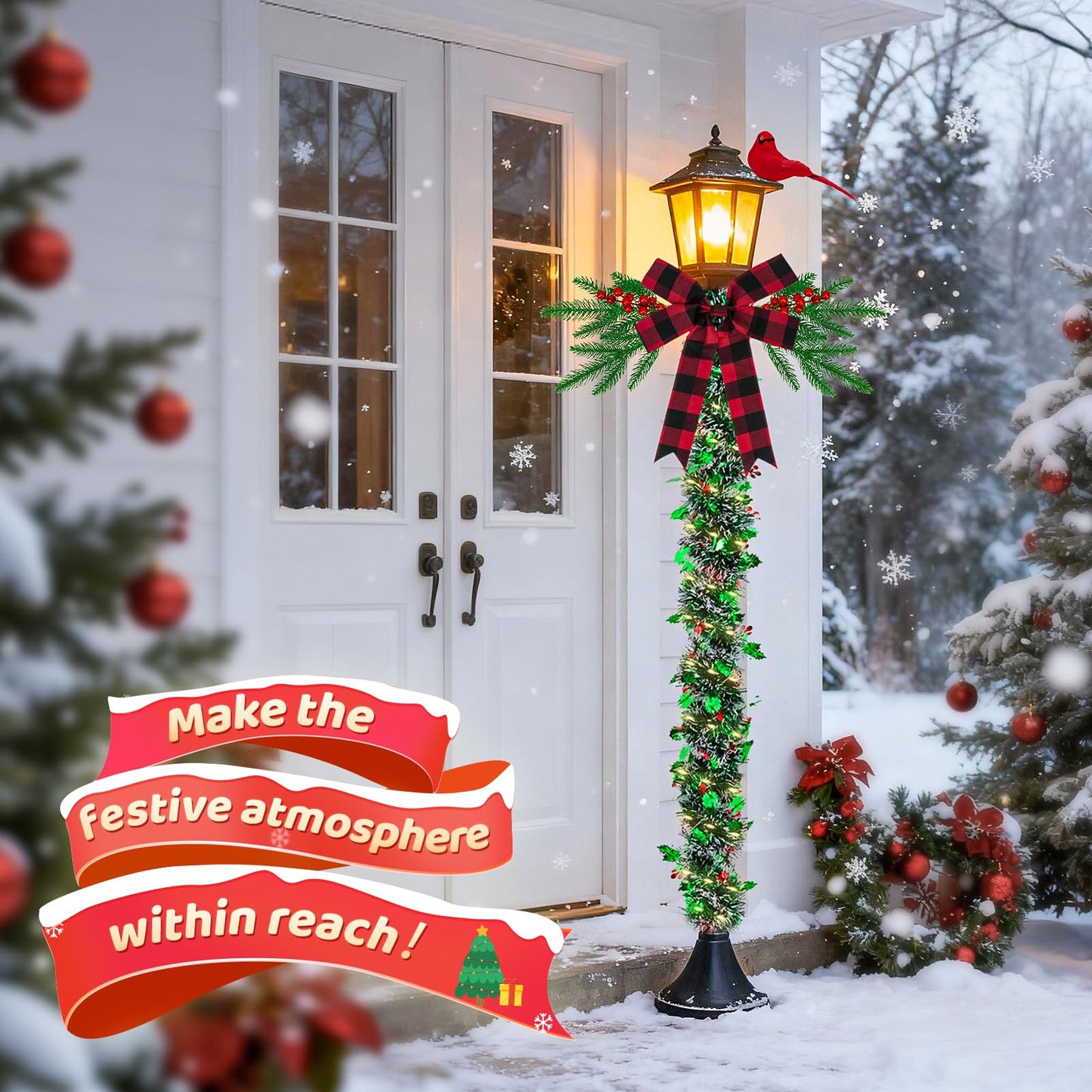 YIBOBO 13Pcs Christmas Lamp Post Decoration Set Include String Light, Pine Branches, Red Berries, Tinsel Garlands, Checkered Bow and Cardinal Bird for Outdoor Holiday Porch Lawn, NOT Include Lamp Post