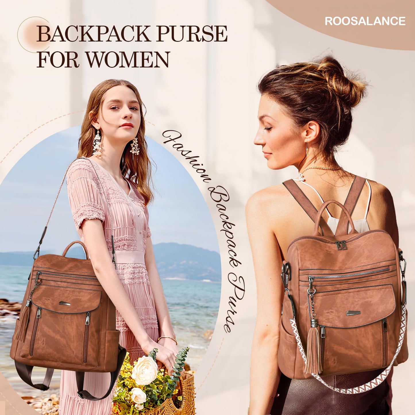 ROOSALANCE Backpack Purse for Women Pu Leather Backpack Fashion Ladies Shoulder Bag Handbags for Travel Daily Use, Brown