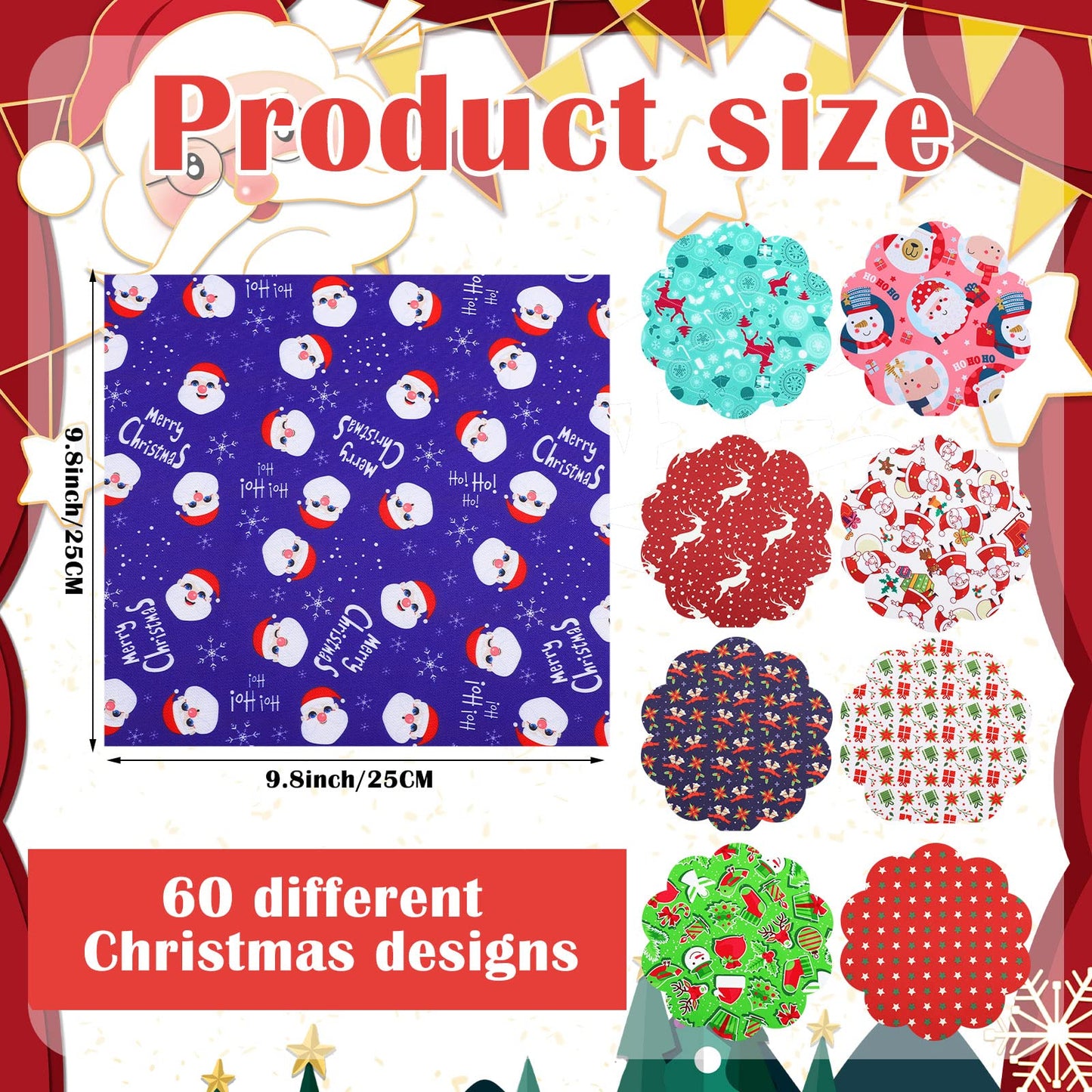 Tudomro 60 Pieces Christmas Fabric Squares 10 x 10 Inch Christmas Sewing Quilting Material Bundles Holiday Santa Tree Claus Elk Snowflake Printing Fabric for Patchwork Sewing DIY Party