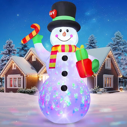 FunFanso 7FT Christmas Inflatable Snowman Outdoor Decoration, Giant Blow up Snowman Holds Candy and Gift Boxes, Built-in Rotating Colourful Lights for Yard, Garden, Patio, Lawn Xmas Holiday Decor