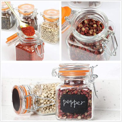 3.4 oz Small Glass Spice Jars with Lables, 24 Pack Empty Mini Square Spice Bottles with Airtight Flip Top Lids, Chalkboard Labels and Collapsible Funnel for Home and Kitchen