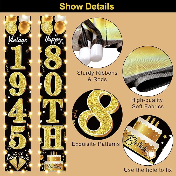 80th Birthday Party Banner Lighted Decorations for Men Women - Black Gold Vintage 1945 80th Birthday Door Banners with LED Light, Eighty Years Bday Party Supplies for Indoor Outdoor Decor