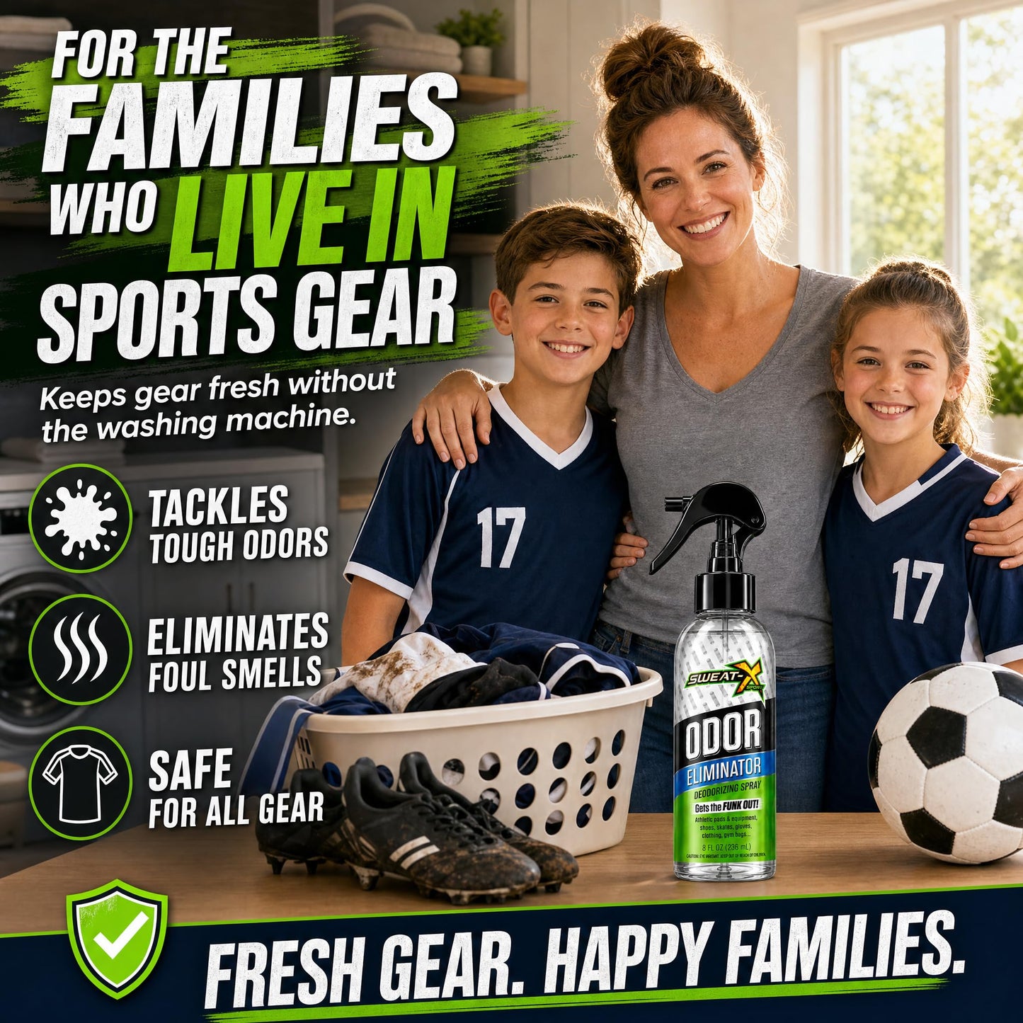 Sweat X Sport Extreme Odor Spray – Multipurpose Deodorizer for Stinky Shoes, Clothes, Sports Equipment & All Fabrics – Concentrated Formula, No Washing Required - Active Fresh Scent – 8 Fl Oz