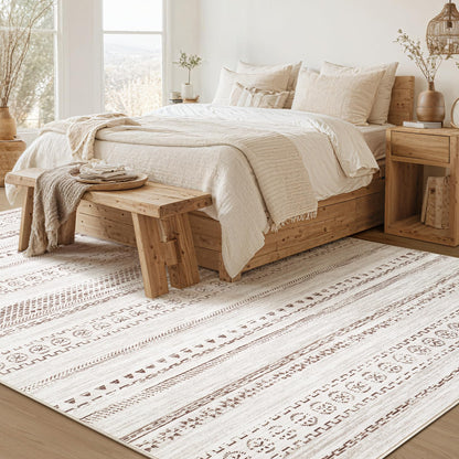 kakania 9x12 Washable Area Rug: Non Slip Soft Thin Carpet, Boho Geometric Modern Decor, Easy Clean Indoor Floor Large Rugs for Living Room Bedroom Kids Dorm Office Dining - Brown