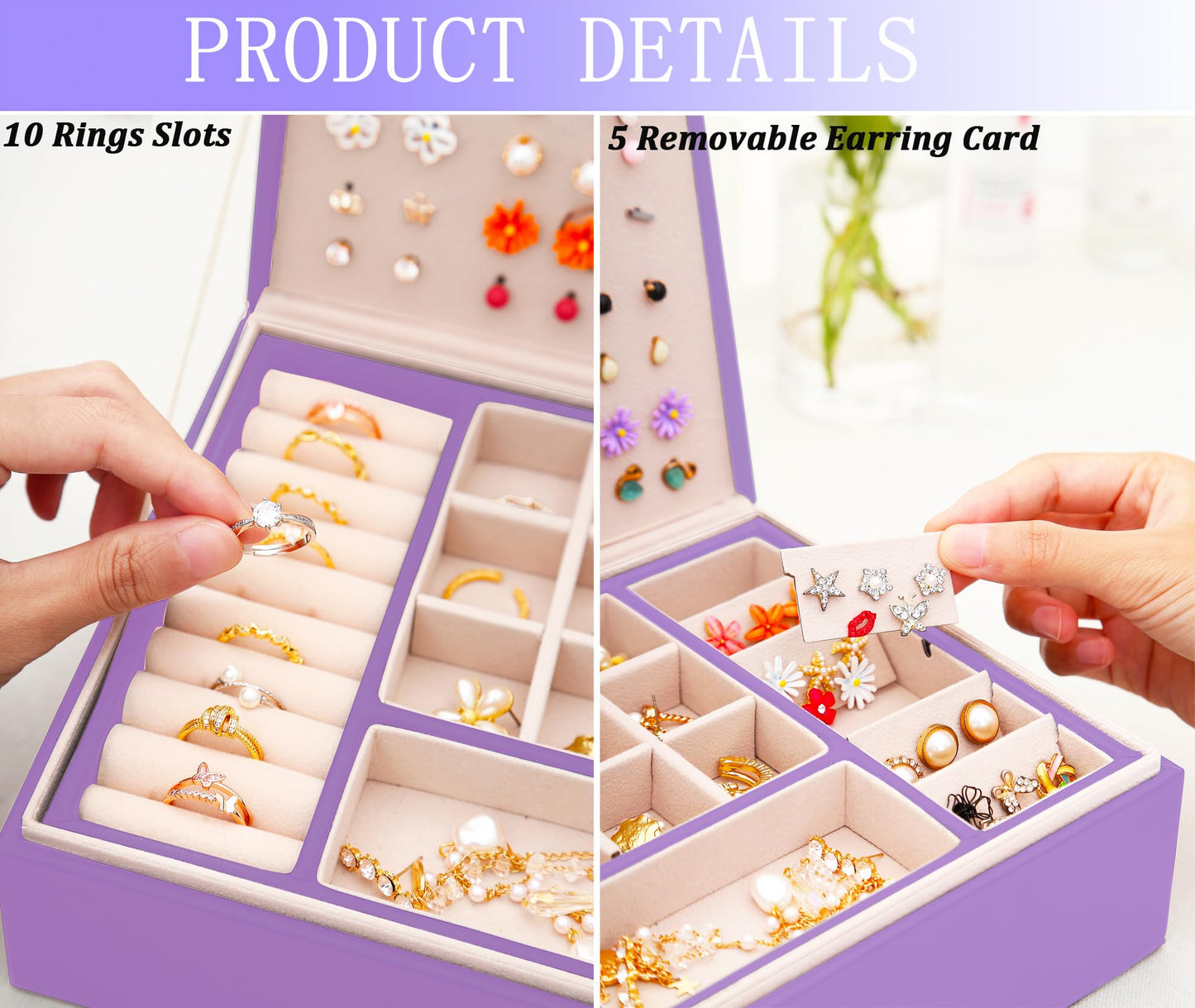 Earrings Jewelry Box for Girls, Large Capacity Jewelry Organizer with 40-Pair Earring Board, 2-Layer Leather Jewelry Storage Box for Necklaces Rings Bracelets with Removable Tray(Gift Idea),Purple