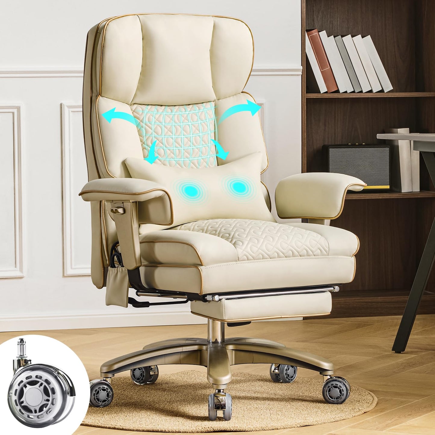 Furnistyle Leather Office Chair with Footrest, High-Back Executive Office Chair with Adjustable Lumbar Support, Luxury Desk Chair with Silent Wheels Rocking 360° Swivel, Height Adjustment,Beige