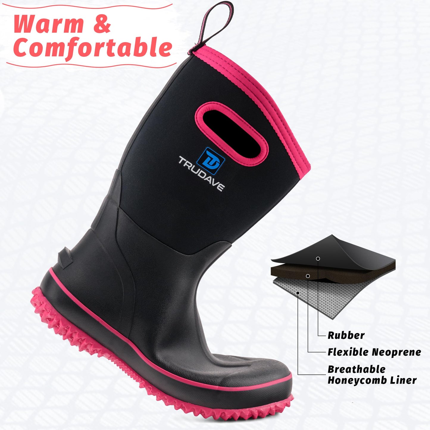 Trudave Rubber Boots for Women, Mid Calf Rain Boots, Womens Waterproof Boots, Neoprene Insulated Outdoor Work Mud Boots for Hunting Farming Gardening Fishing, Pink, Size 10