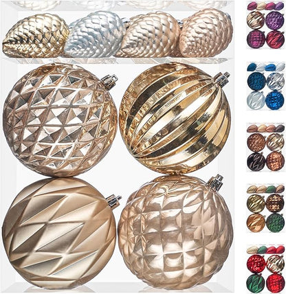 JORNOY Christmas Tree Ornaments, 4inch/100mm Shatterproof Ornaments for Christmas Tree Set - Large Plastic Decorative Hanging Balls Ornaments for Xmas Tree Decorations Party, 12ct (Champagne)