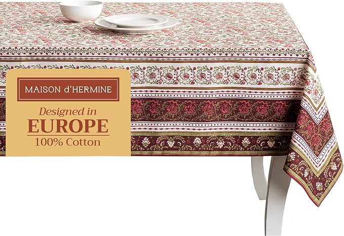 Maison d' Hermine Table Cloth Rectangle Table 100% Cotton 70 x 108 Inches Fall Tablecloth Reusable Everyday Use for Thanksgiving Christmas Decorations Dining Farmhouse Party (Reveillon Au Jardin)